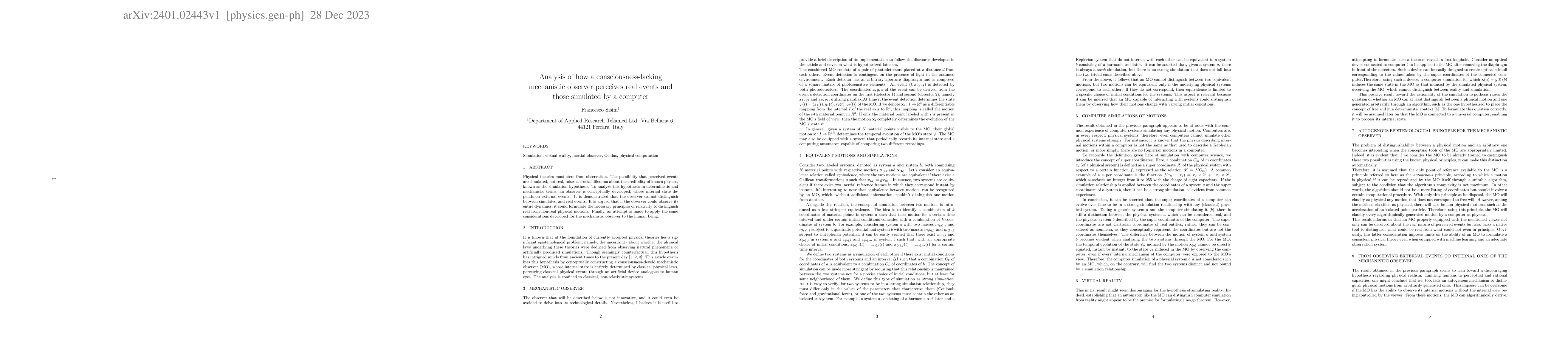 Thumbnail for Analysis of how a consciousness-lacking mechanistic observer perceives
  real events and those simulated by a computer