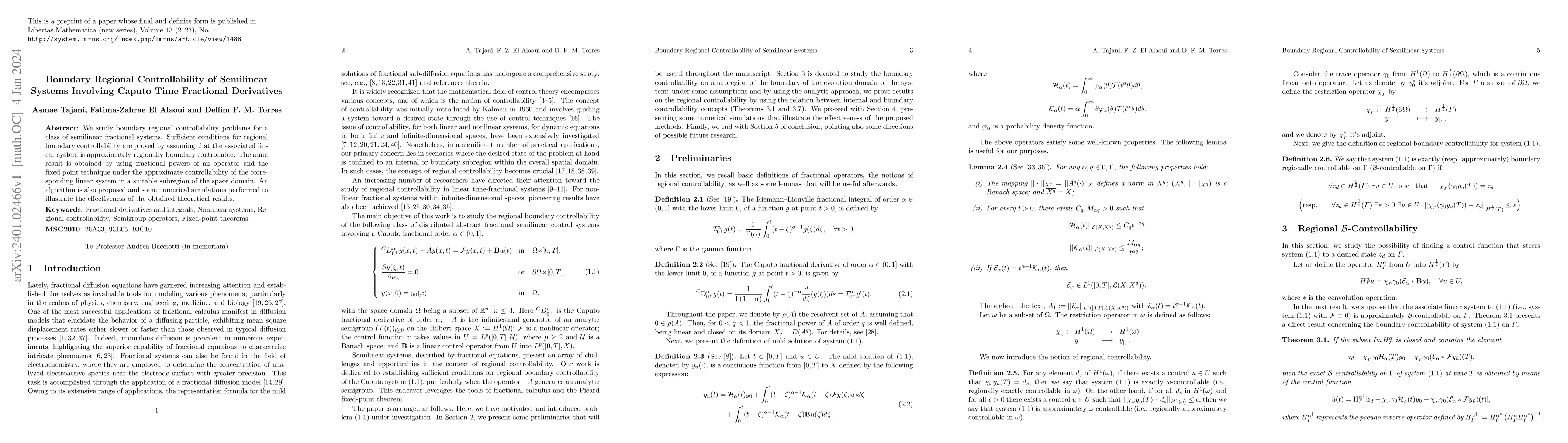 Thumbnail for Boundary Regional Controllability of Semilinear Systems Involving Caputo
  Time Fractional Derivatives