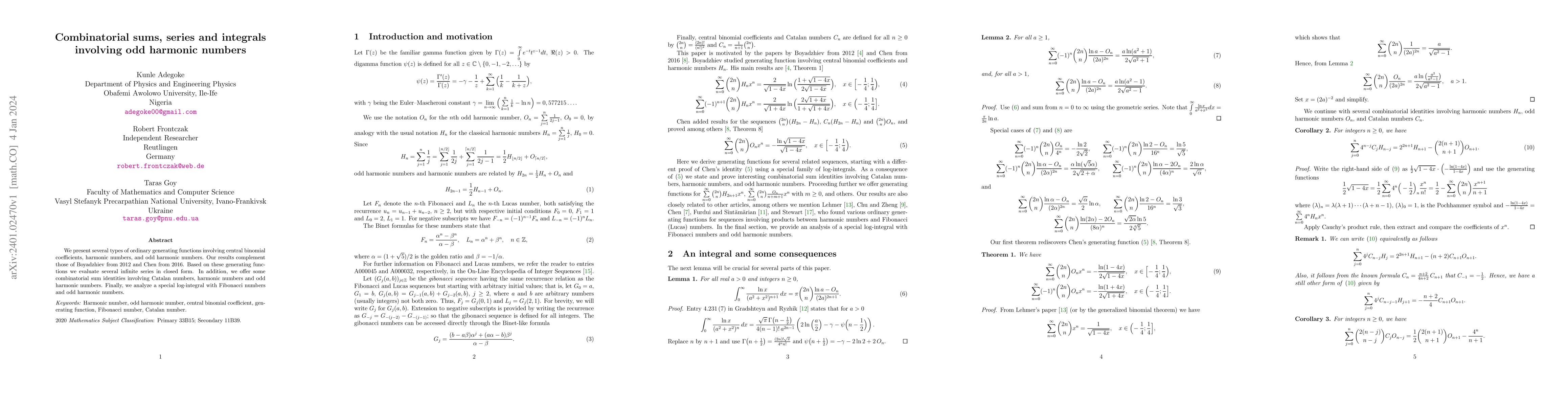 Thumbnail for Combinatorial sums, series and integrals involving odd harmonic numbers