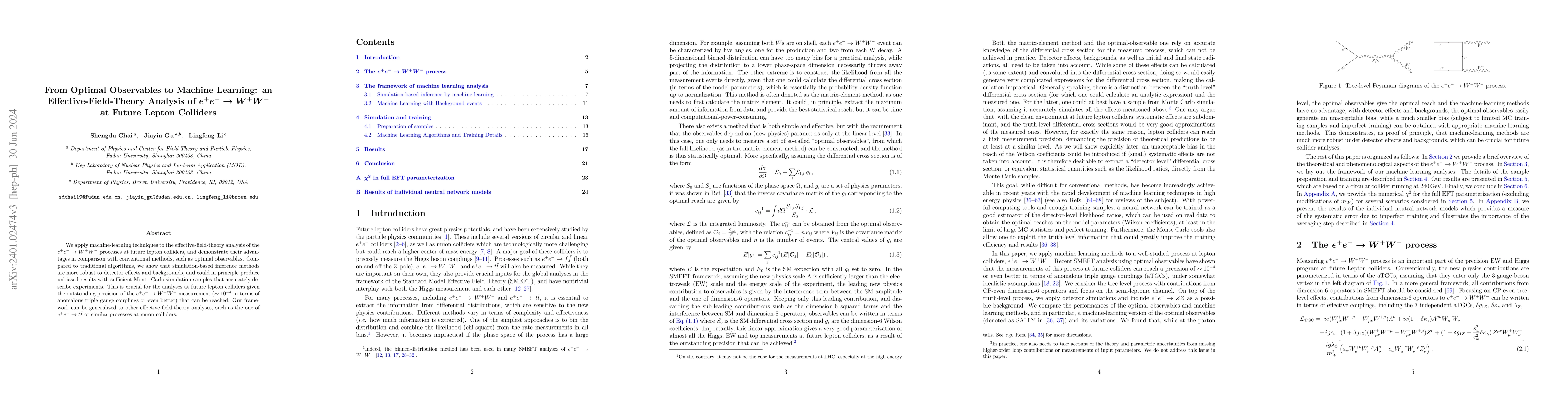 Thumbnail for From Optimal Observables to Machine Learning: an Effective-Field-Theory
  Analysis of $e^+e^- \to W^+W^-$ at Future Lepton Colliders