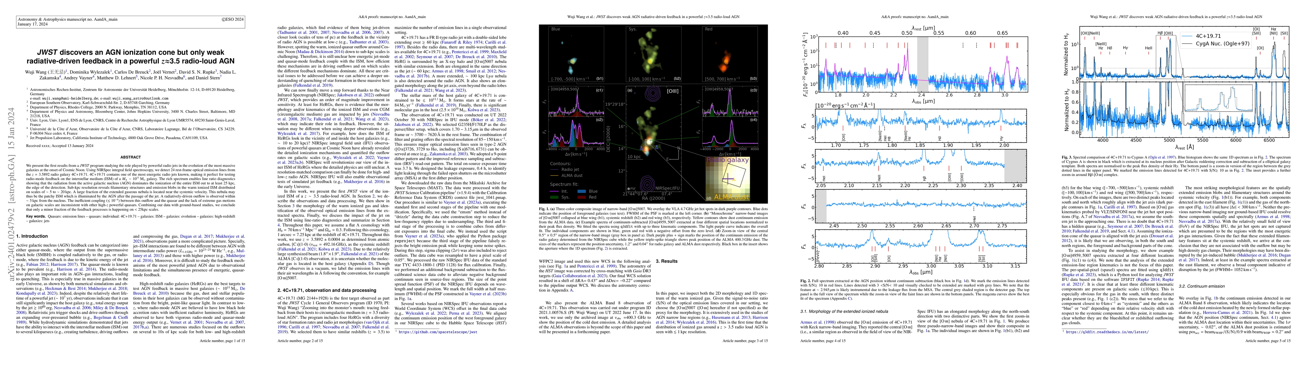 Thumbnail for JWST discovers an AGN ionization cone but only weak radiative-driven
  feedback in a powerful $z$$\approx$3.5 radio-loud AGN