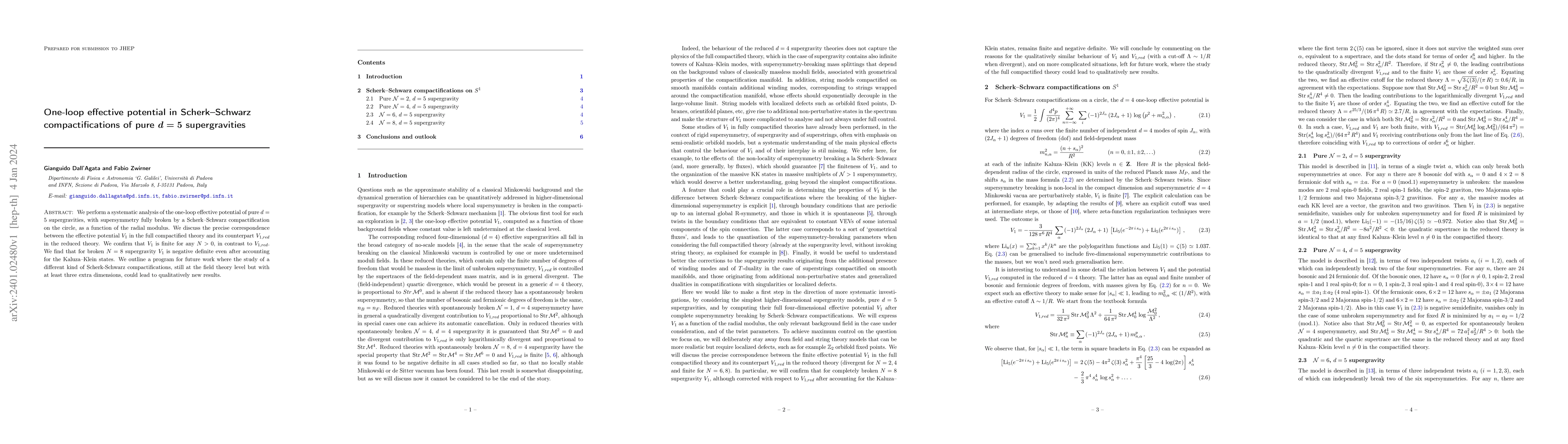 Thumbnail for One-loop effective potential in Scherk-Schwarz compactifications of pure
  d=5 supergravities