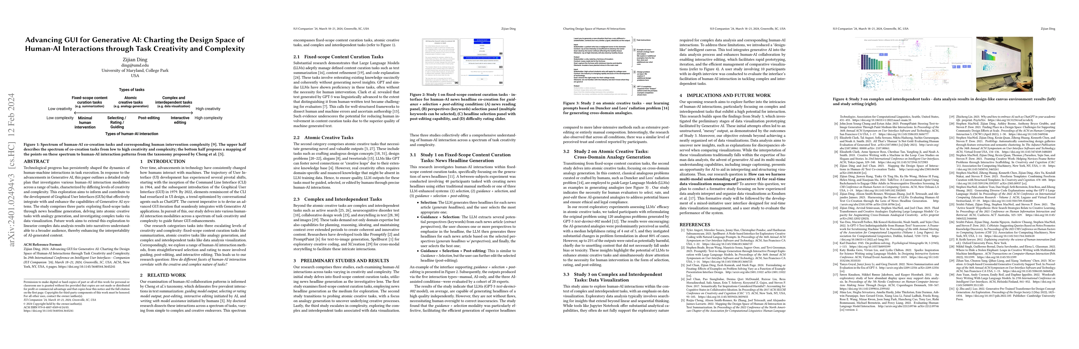Thumbnail for Advancing GUI for Generative AI: Charting the Design Space of Human-AI
  Interactions through Task Creativity and Complexity