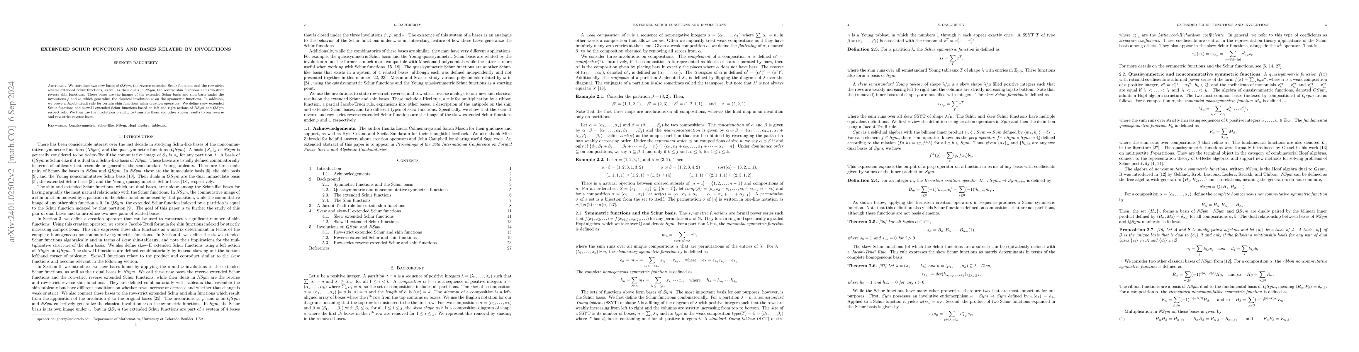 Thumbnail for Extended Schur functions and bases related By involutions