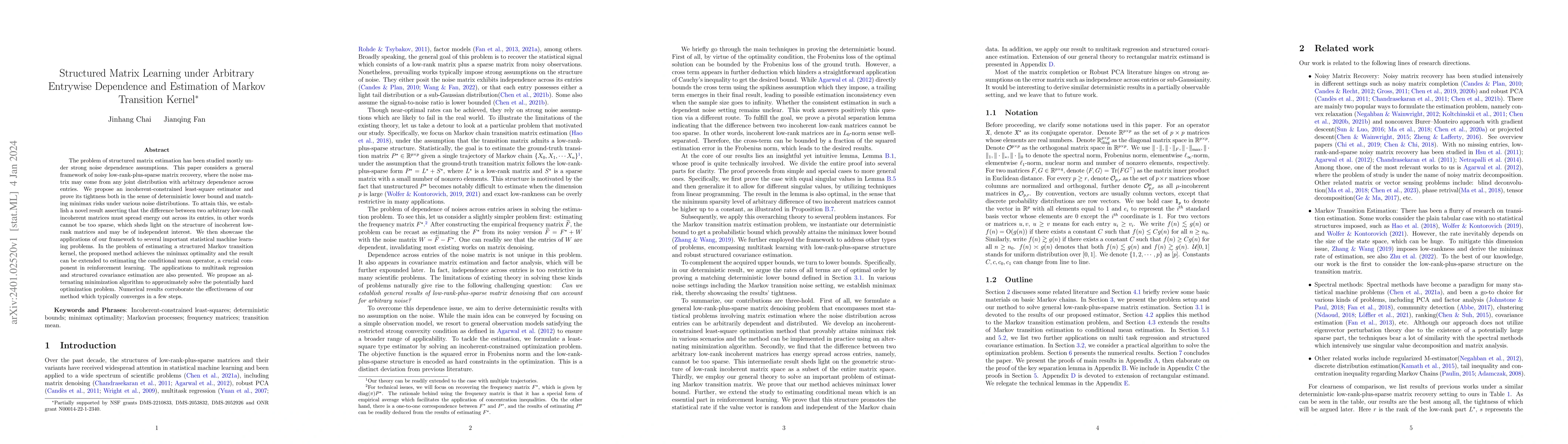 Thumbnail for Structured Matrix Learning under Arbitrary Entrywise Dependence and
  Estimation of Markov Transition Kernel