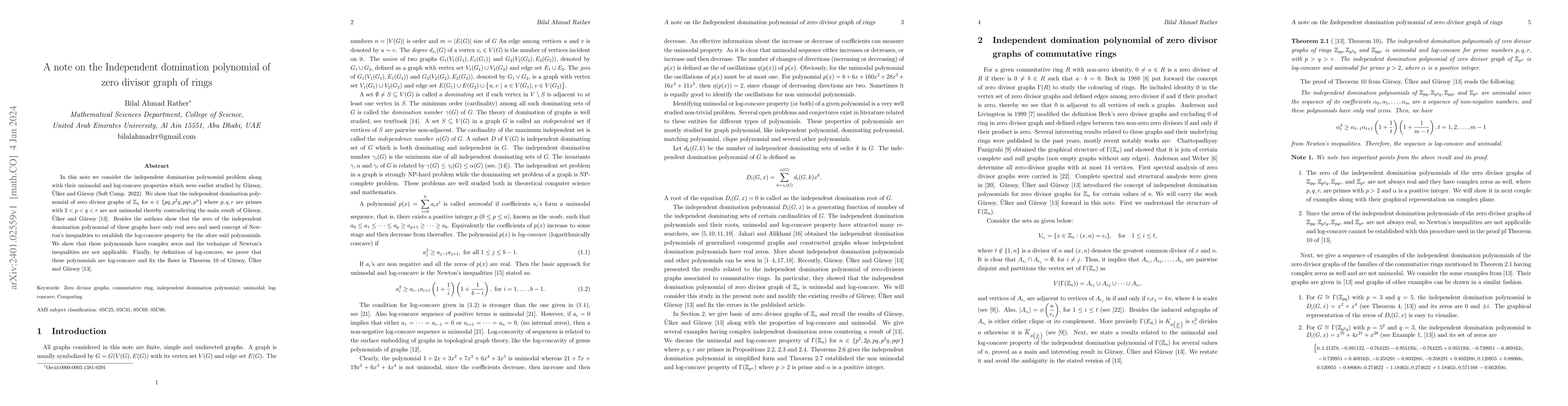 Thumbnail for A note on the Independent domination polynomial of zero divisor graph of
  rings