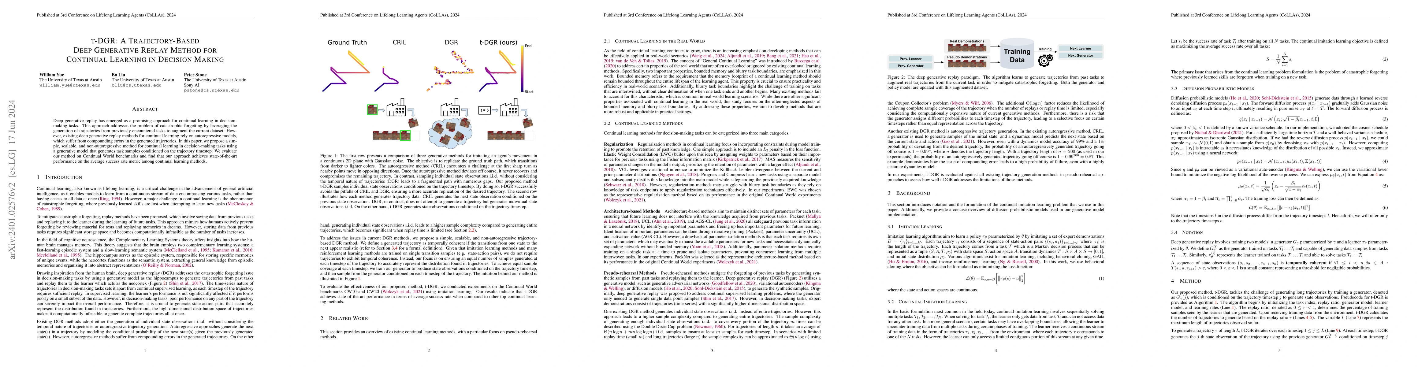 Thumbnail for t-DGR: A Trajectory-Based Deep Generative Replay Method for Continual
  Learning in Decision Making