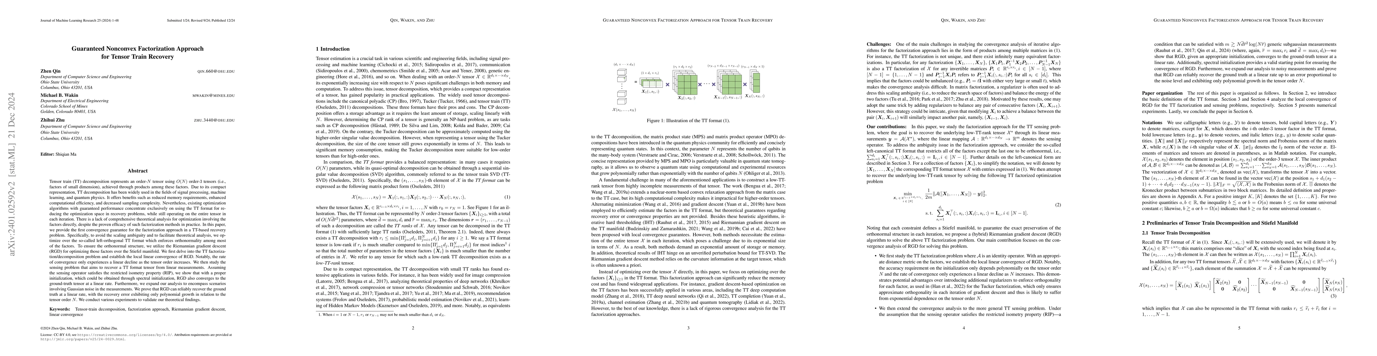 Thumbnail for Guaranteed Nonconvex Factorization Approach for Tensor Train Recovery