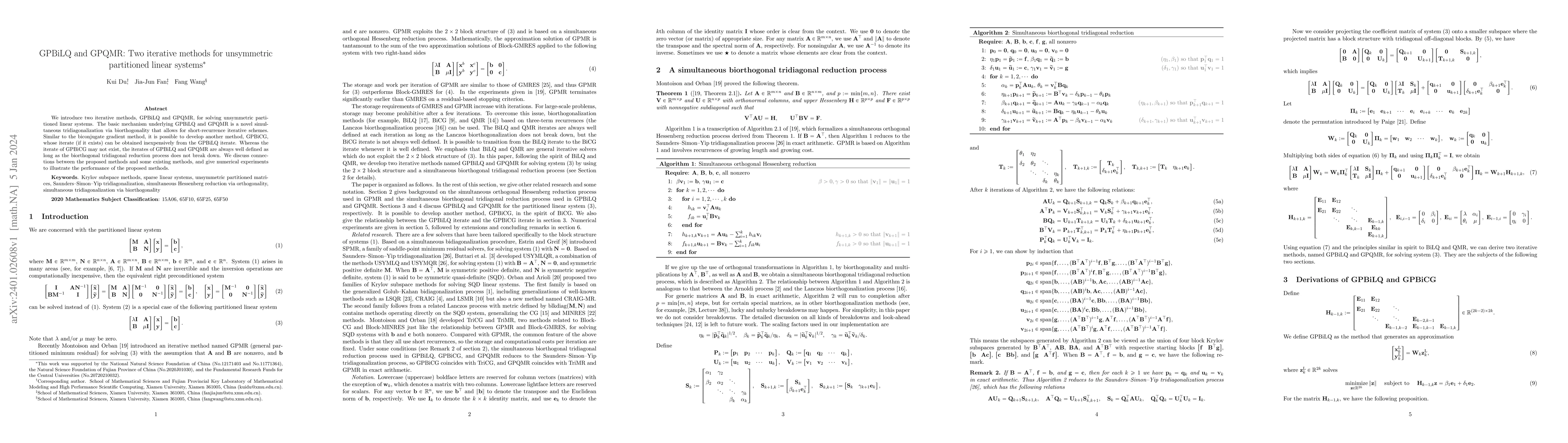 Thumbnail for GPBiLQ and GPQMR: Two iterative methods for unsymmetric partitioned
  linear systems