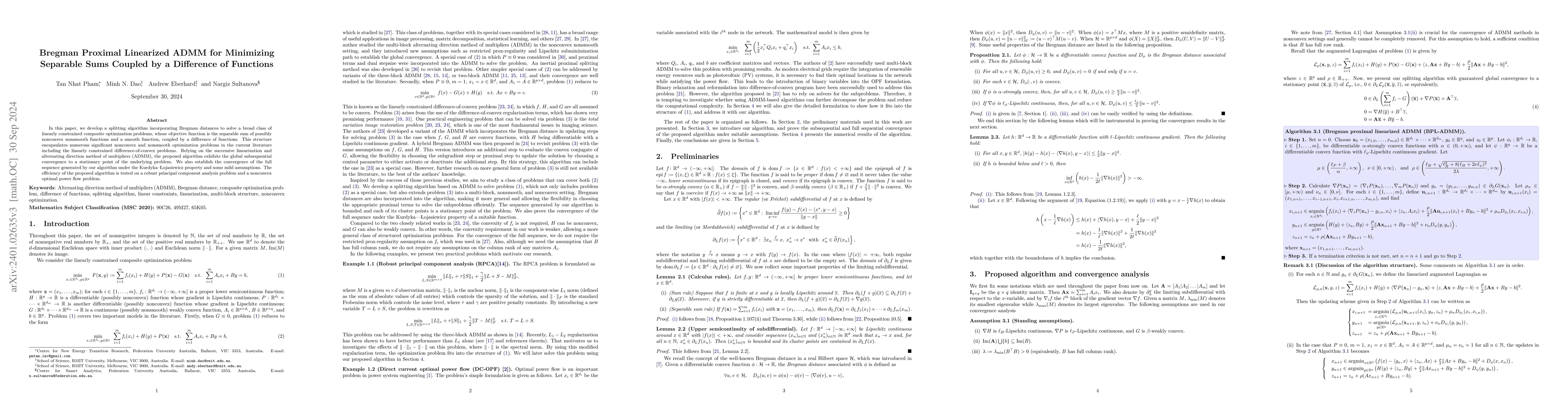 Thumbnail for Bregman Proximal Linearized ADMM for Minimizing Separable Sums Coupled
  by a Difference of Functions