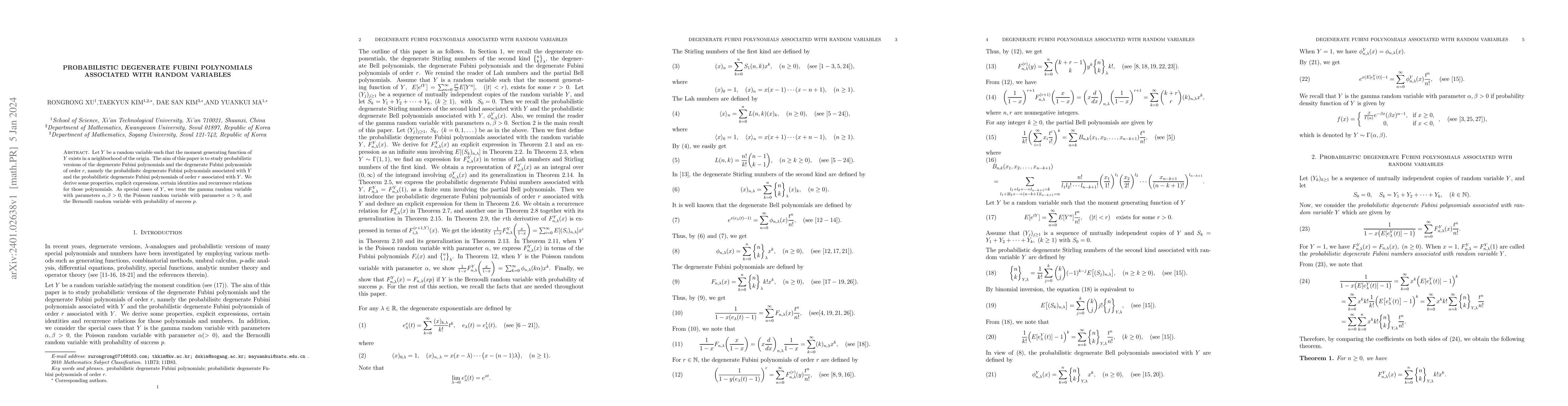 Thumbnail for Probabilistic degenerate Fubini polynomials associated with random
  variables