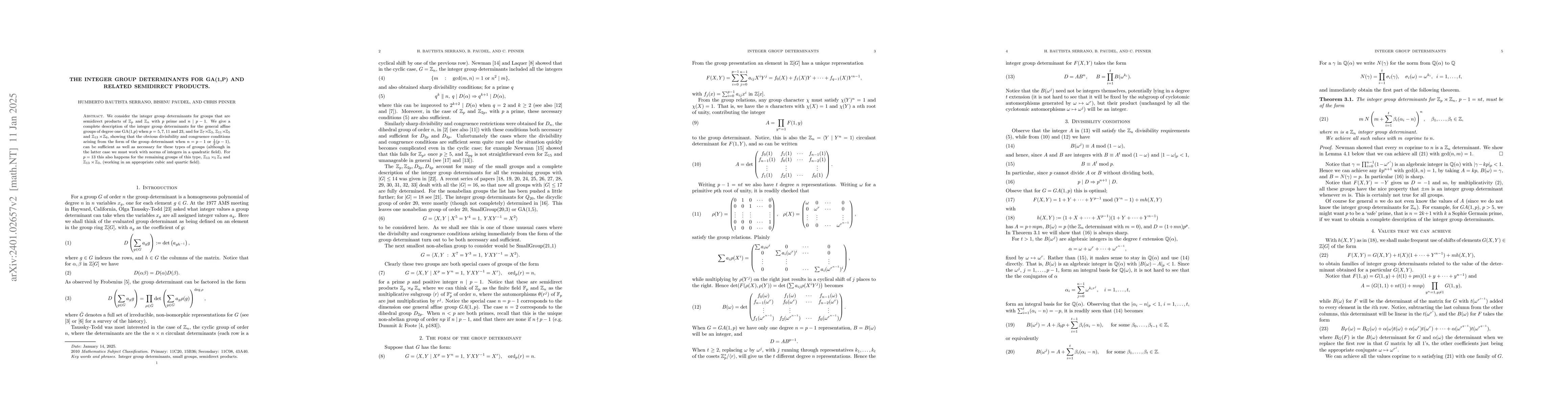 Thumbnail for The integer group determinants for GA(1,p) and related semidirect
  products