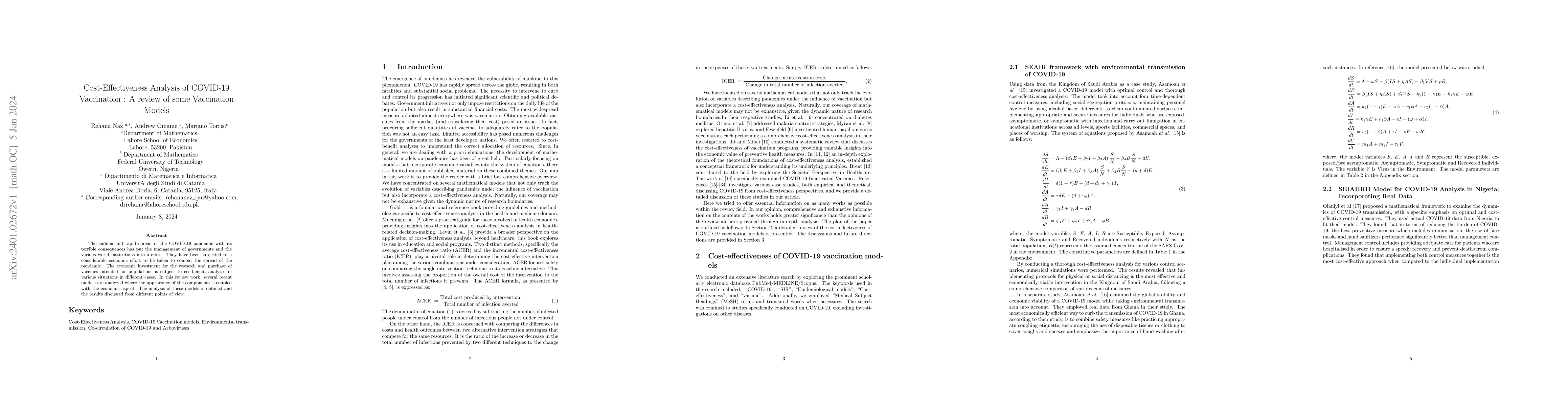Thumbnail for Cost-Effectiveness Analysis of COVID-19 Vaccination : A review of some
  Vaccination Models