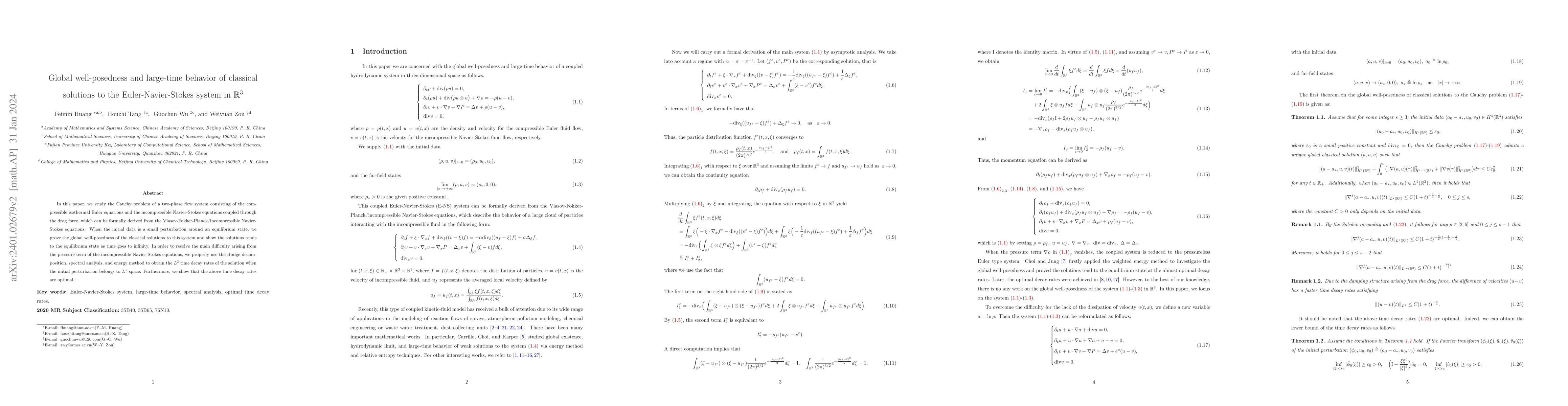 Thumbnail for Global well-posedness and large-time behavior of classical solutions to
  the Euler-Navier-Stokes system in R^3