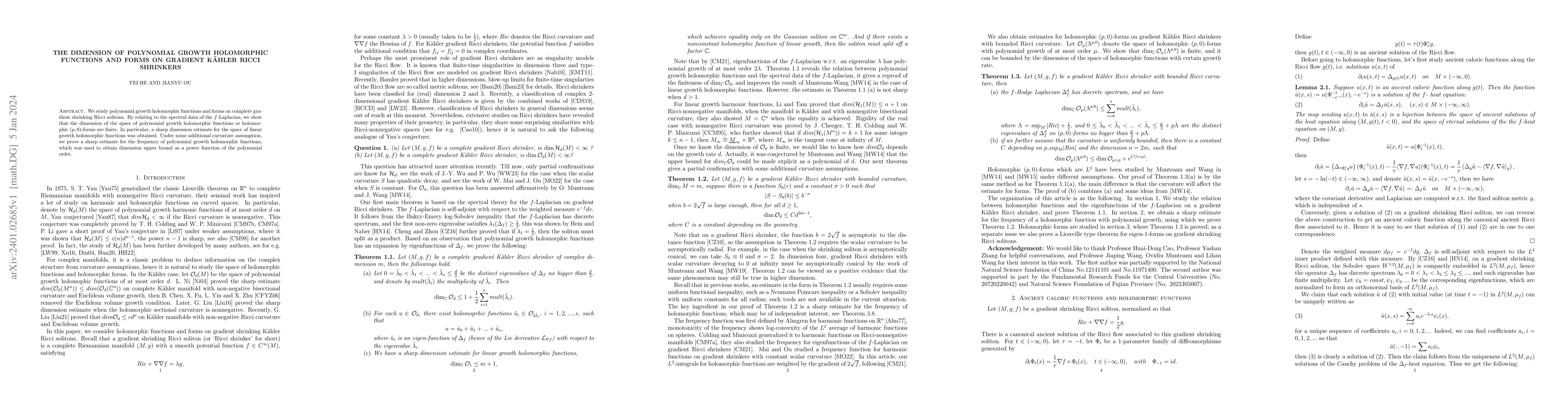Thumbnail for The dimension of polynomial growth holomorphic functions and forms on
  gradient K\"ahler Ricci shrinkers