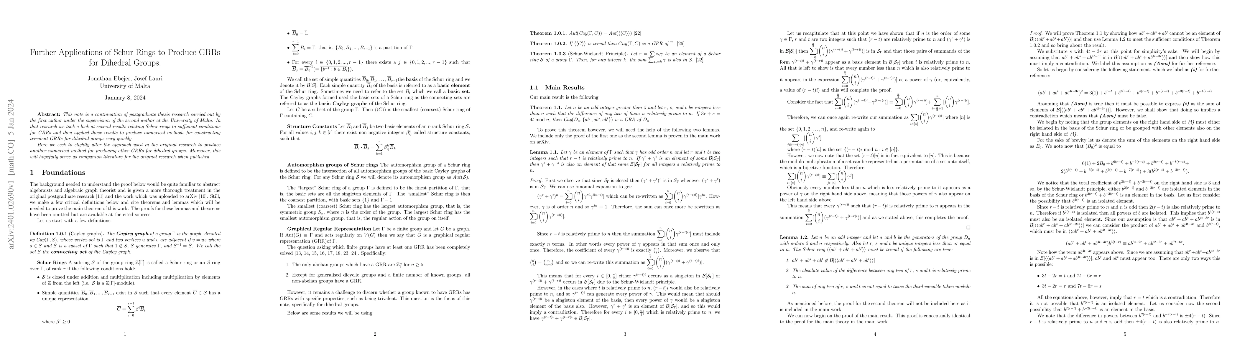 Thumbnail for Further Applications of Schur Rings to Produce GRRs for Dihedral Groups