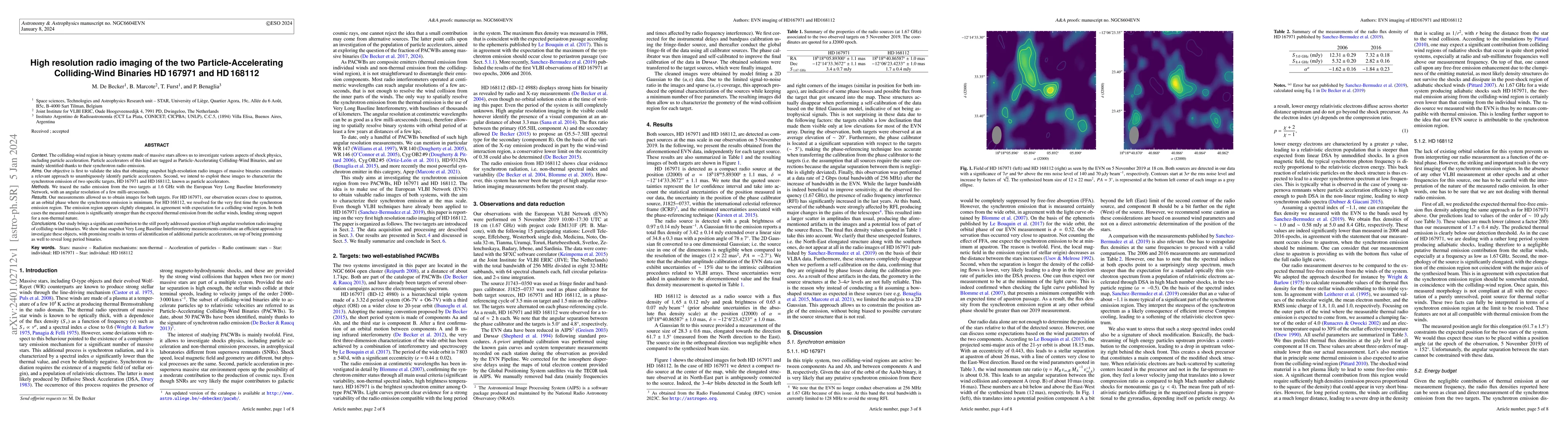 Thumbnail for High resolution radio imaging of the two Particle-Accelerating
  Colliding-Wind Binaries HD167971 and HD168112