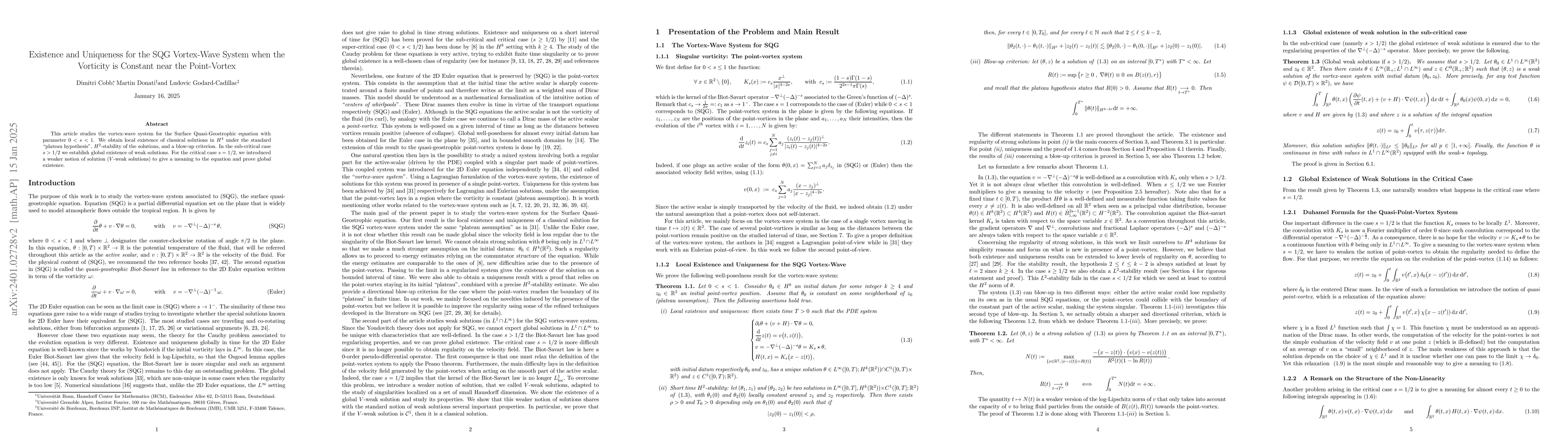 Thumbnail for Existence and Uniqueness for the SQG Vortex-Wave System when the
  Vorticity is Constant near the Point-Vortex