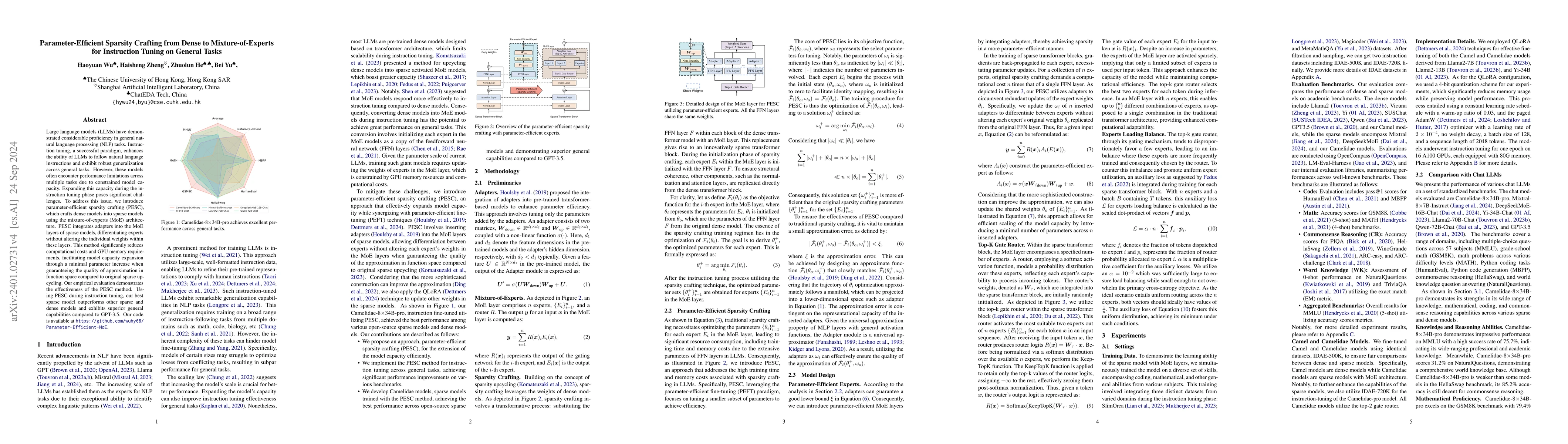 Thumbnail for Parameter-Efficient Sparsity Crafting from Dense to Mixture-of-Experts
  for Instruction Tuning on General Tasks