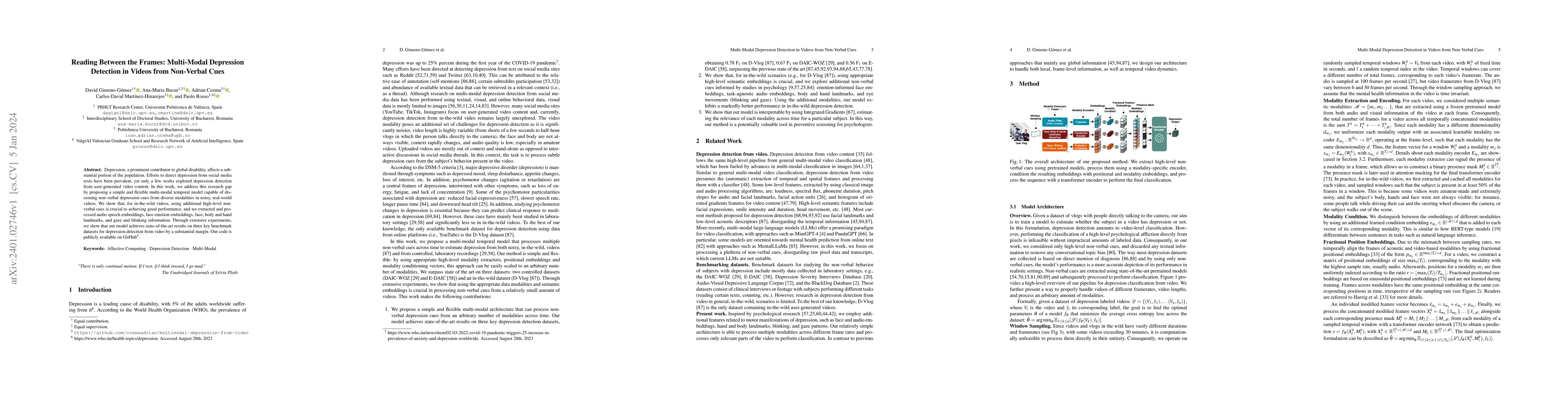 Thumbnail for Reading Between the Frames: Multi-Modal Depression Detection in Videos
  from Non-Verbal Cues