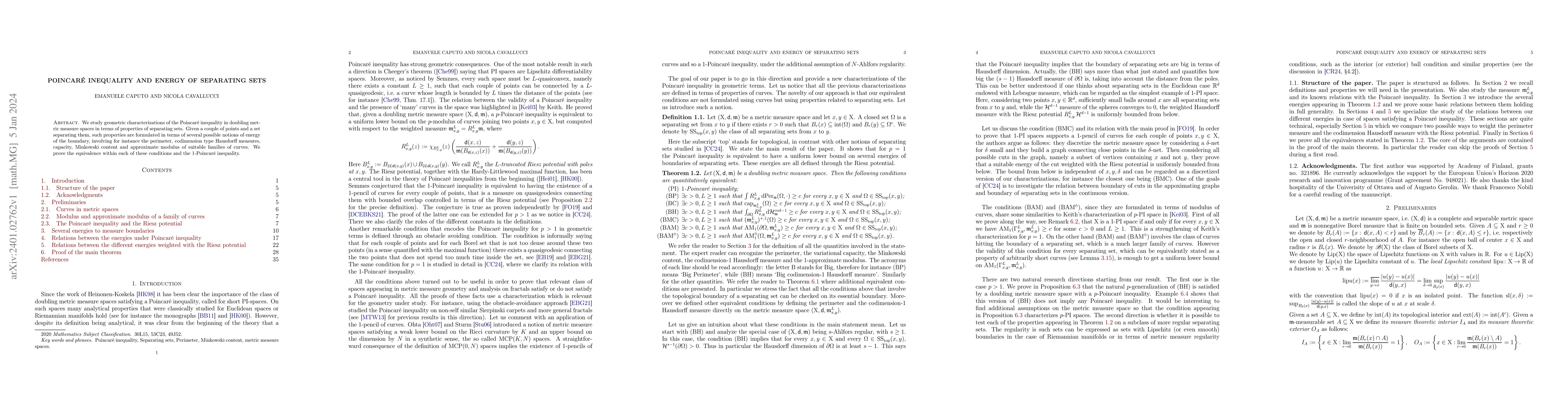 Thumbnail for Poincar\'{e} inequality and energy of separating sets