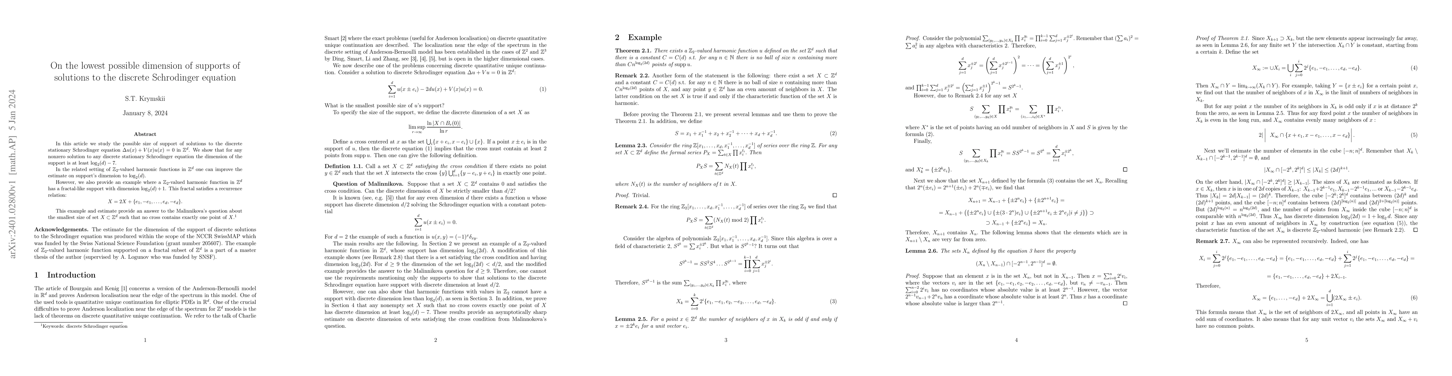 Thumbnail for On the lowest possible dimension of supports of solutions to the
  discrete Schrodinger equation