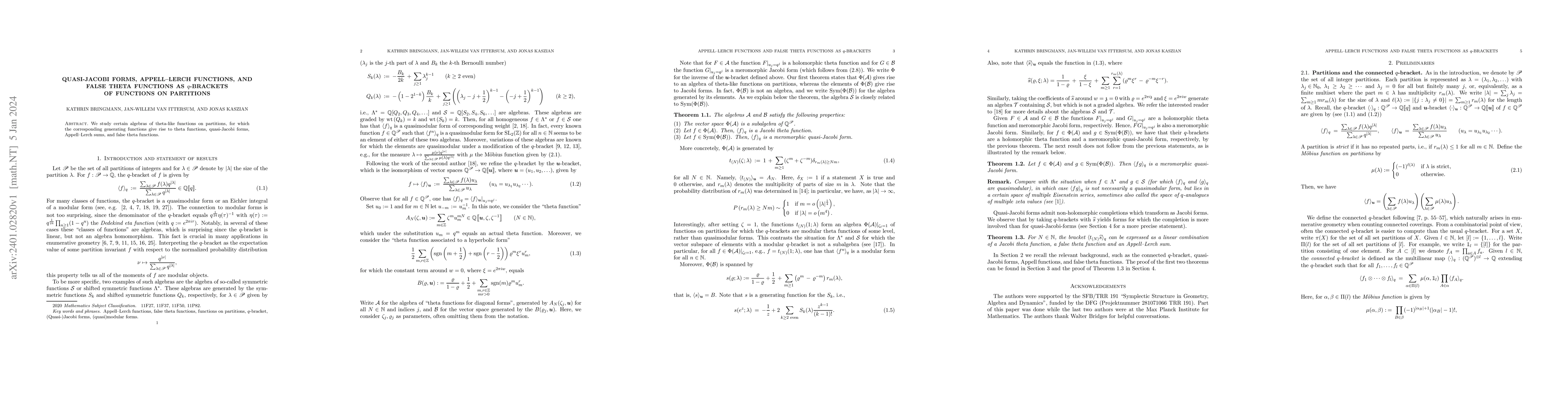 Thumbnail for Quasi-Jacobi forms, Appell-Lerch functions, and false theta functions as
  q-brackets of functions on partitions