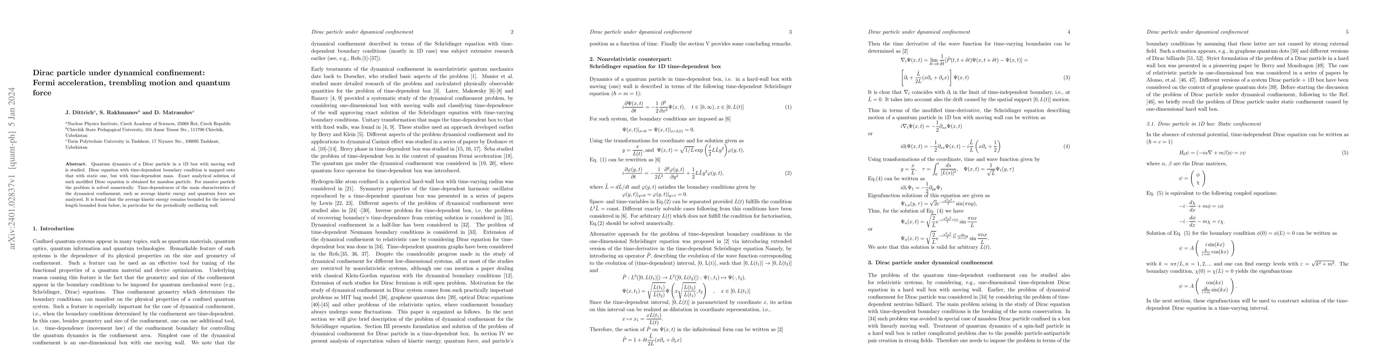 Thumbnail for Dirac particle under dynamical confinement: Fermi acceleration,
  trembling motion and quantum force
