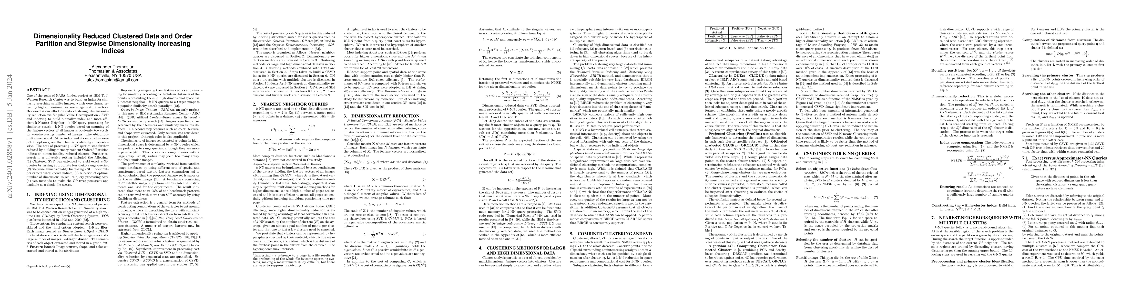 Thumbnail for Dimensionality Reduced Clustered Data and Order Partition and Stepwise
  Dimensionality Increasing Indices