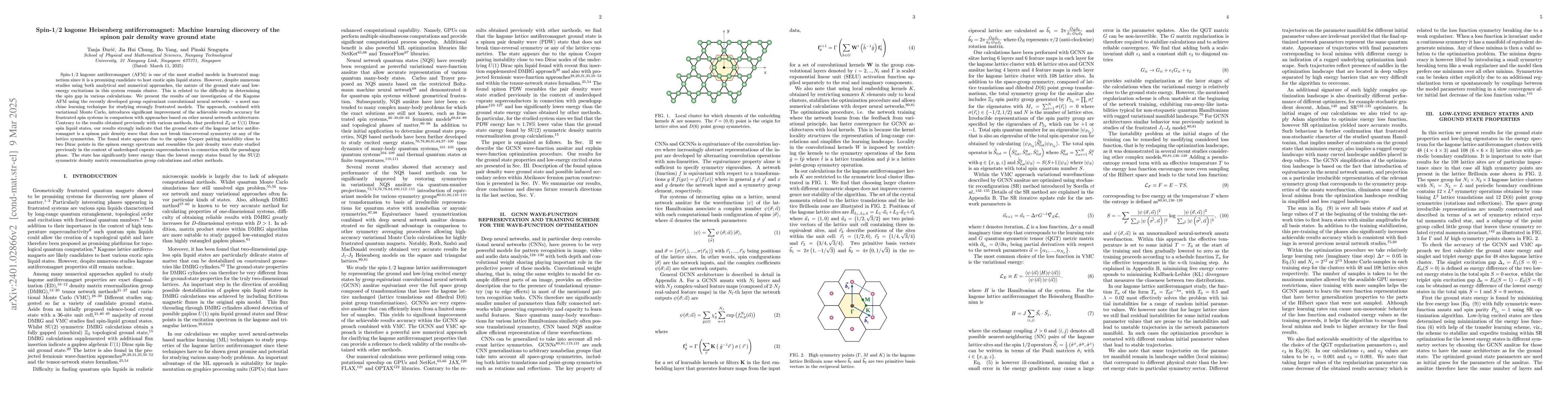 Thumbnail for Spin-1/2 kagome Heisenberg antiferromagnet: Machine learning discovery
  of the spinon pair density wave ground state