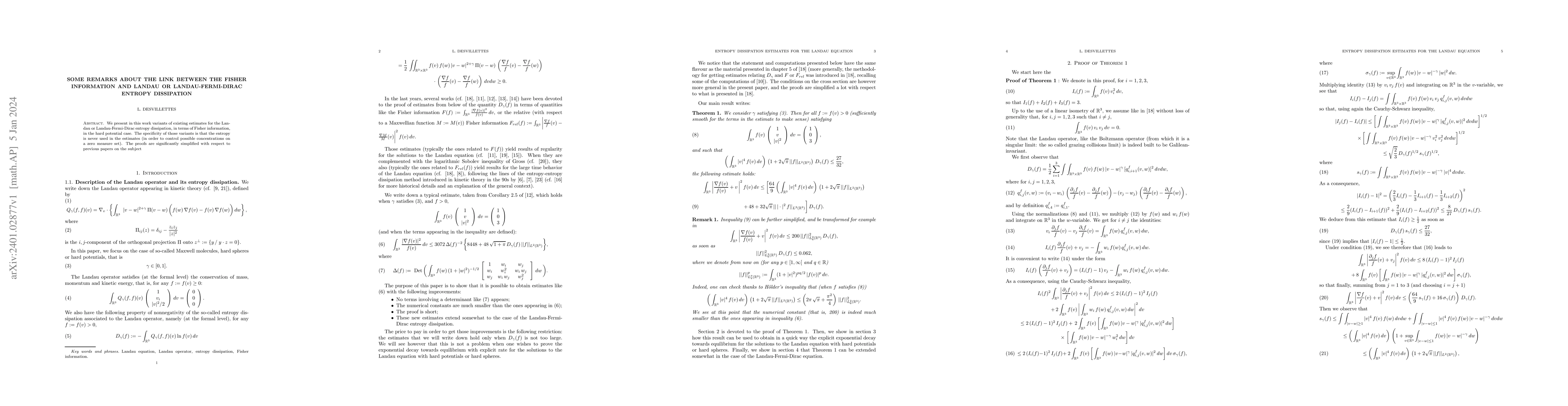 Thumbnail for Some remarks about the Link between the Fisher information and Landau or
  Landau-Fermi-Dirac entropy dissipation