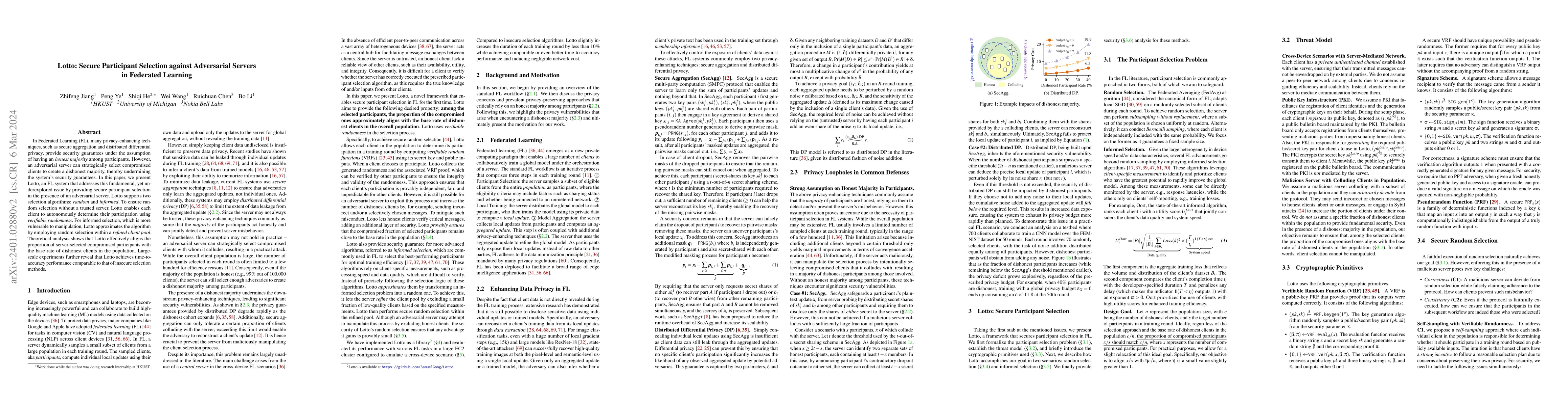 Thumbnail for Lotto: Secure Participant Selection against Adversarial Servers in
  Federated Learning