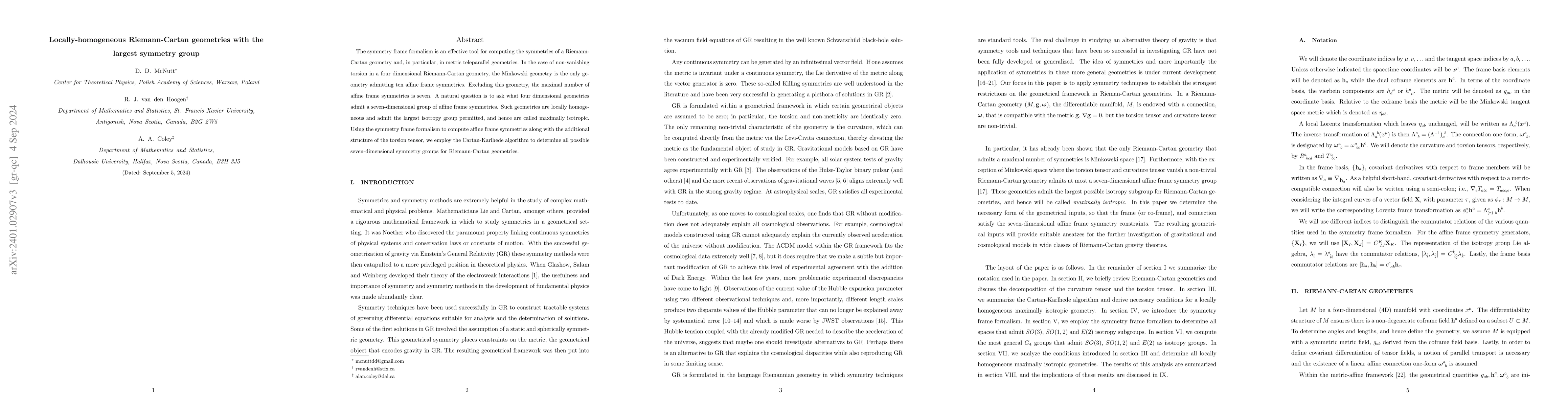 Thumbnail for Locally-homogeneous Riemann-Cartan geometries with the largest symmetry
  group