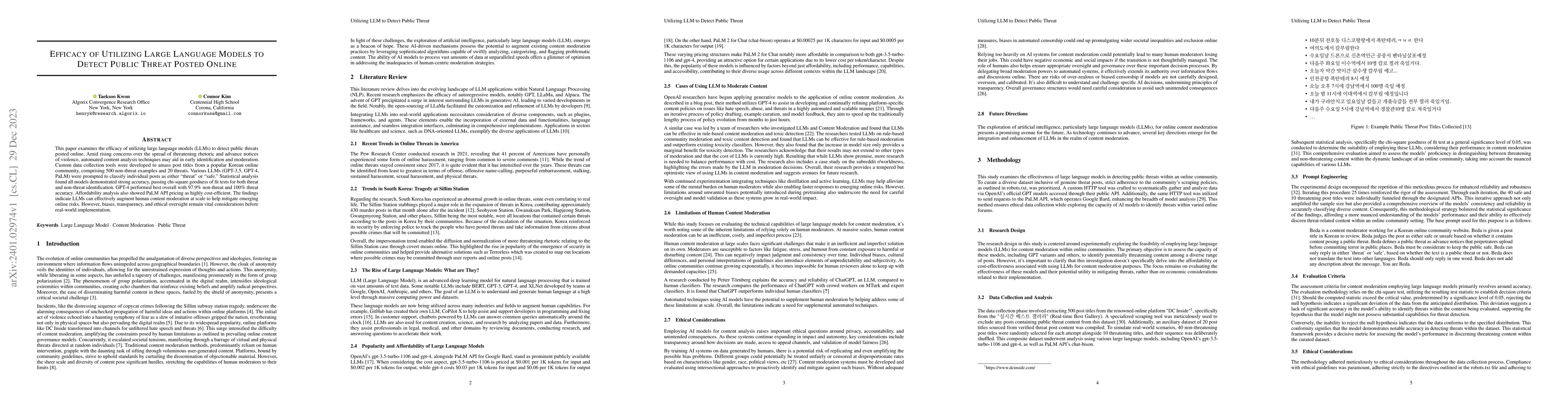 Thumbnail for Efficacy of Utilizing Large Language Models to Detect Public Threat
  Posted Online