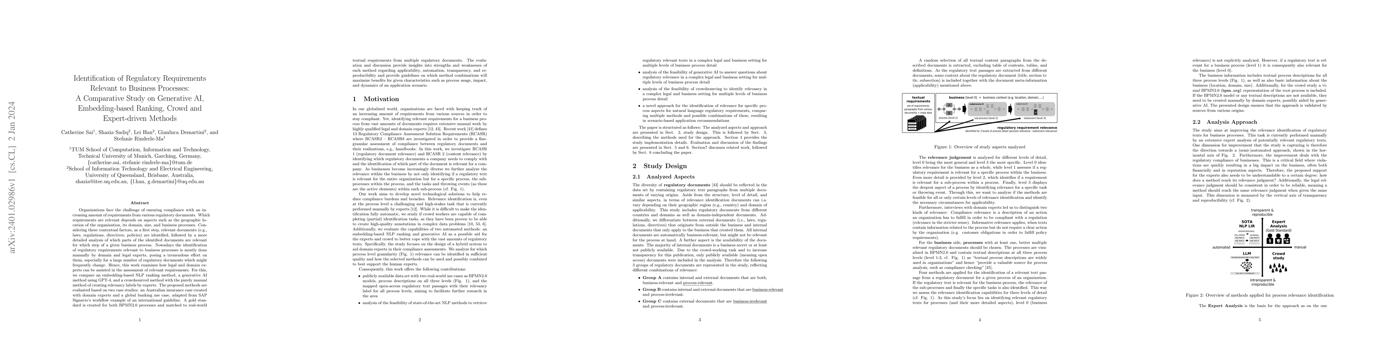 Thumbnail for Identification of Regulatory Requirements Relevant to Business
  Processes: A Comparative Study on Generative AI, Embedding-based Ranking,
  Crowd and Expert-driven Methods