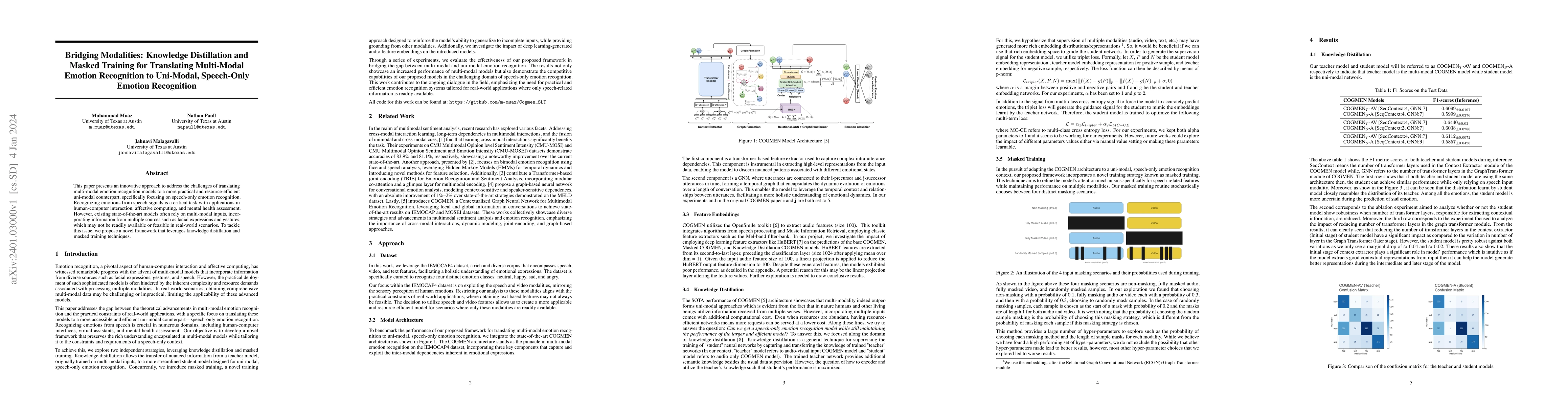 Thumbnail for Bridging Modalities: Knowledge Distillation and Masked Training for
  Translating Multi-Modal Emotion Recognition to Uni-Modal, Speech-Only Emotion
  Recognition