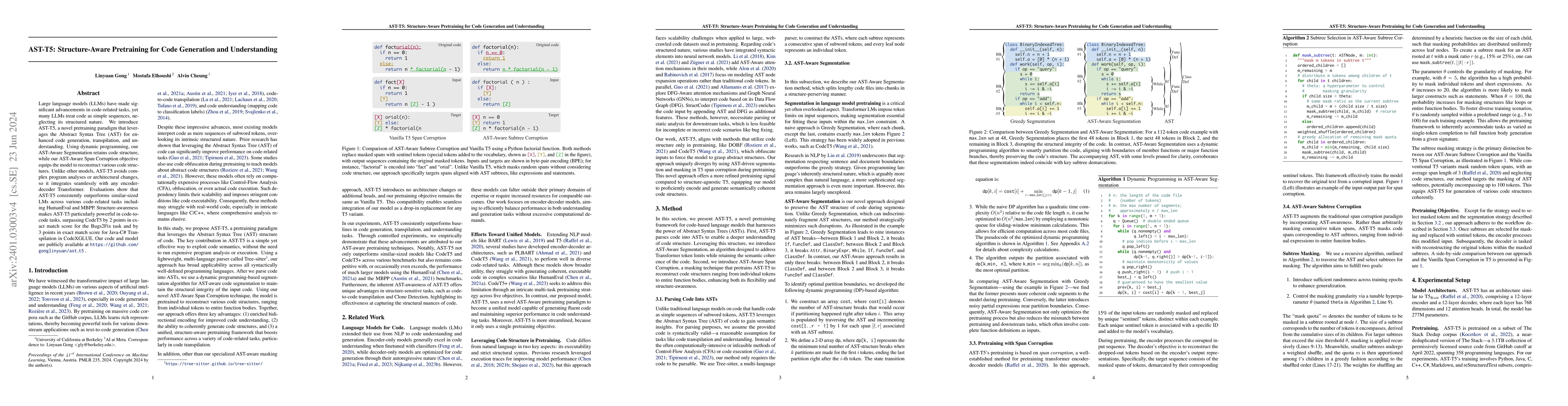 Thumbnail for AST-T5: Structure-Aware Pretraining for Code Generation and
  Understanding