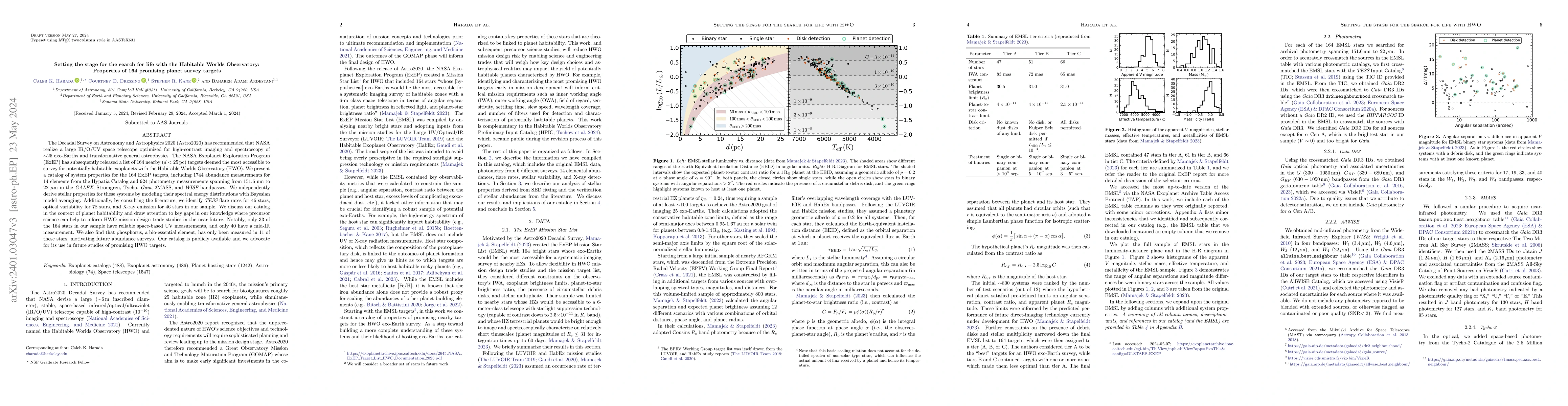 Thumbnail for Setting the stage for the search for life with the Habitable Worlds
  Observatory: Properties of 164 promising planet survey targets