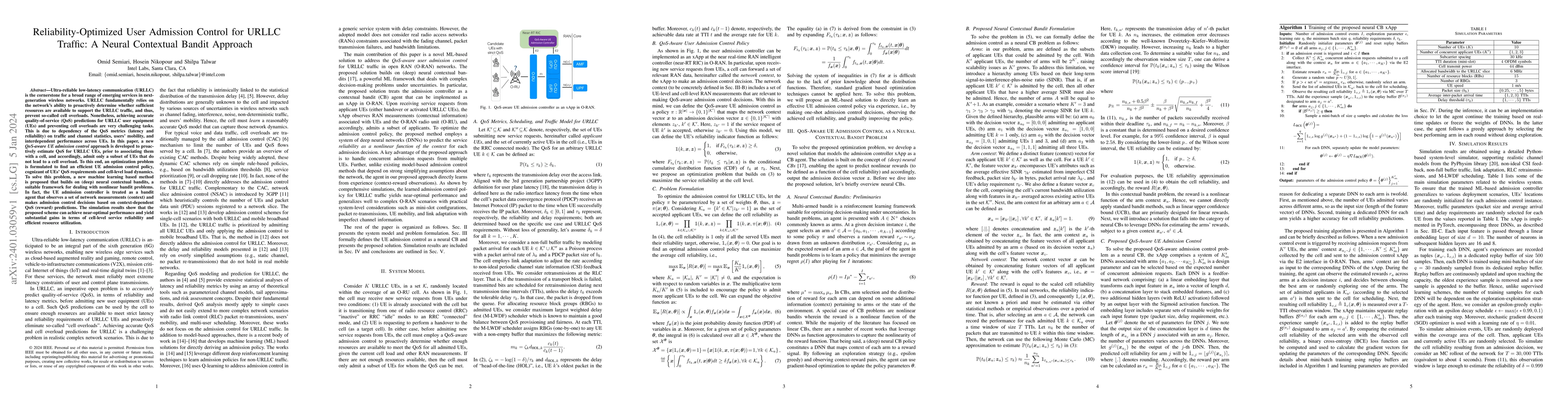 Thumbnail for Reliability-Optimized User Admission Control for URLLC Traffic: A Neural
  Contextual Bandit Approach