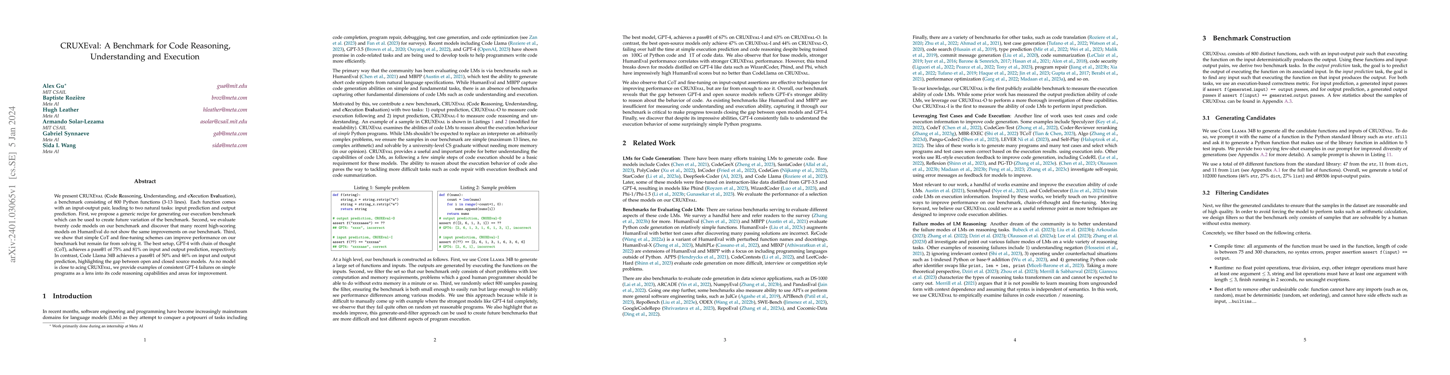 Thumbnail for CRUXEval: A Benchmark for Code Reasoning, Understanding and Execution