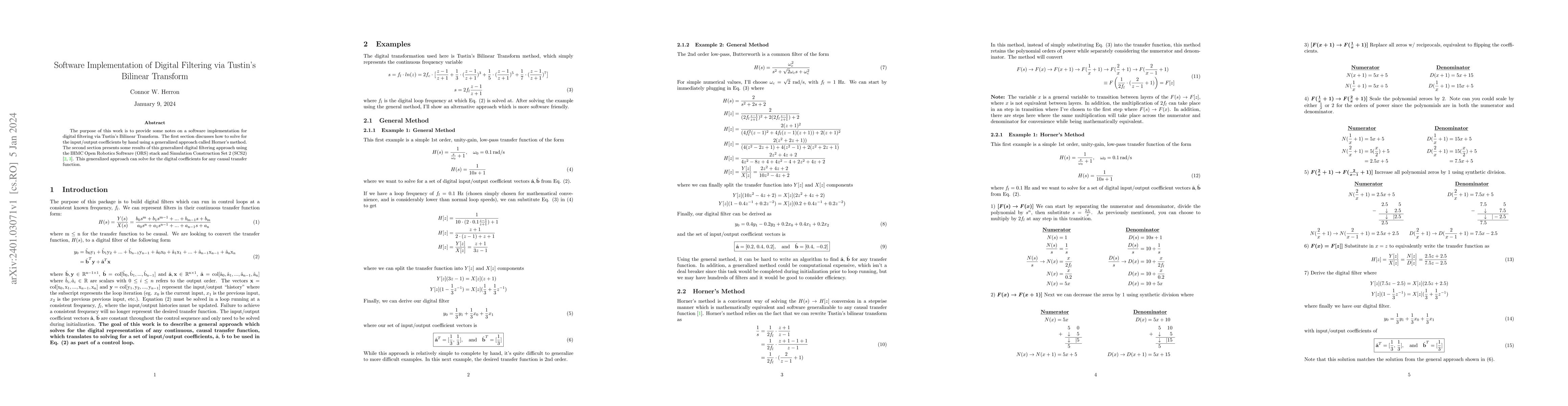 Thumbnail for Software Implementation of Digital Filtering via Tustin's Bilinear
  Transform