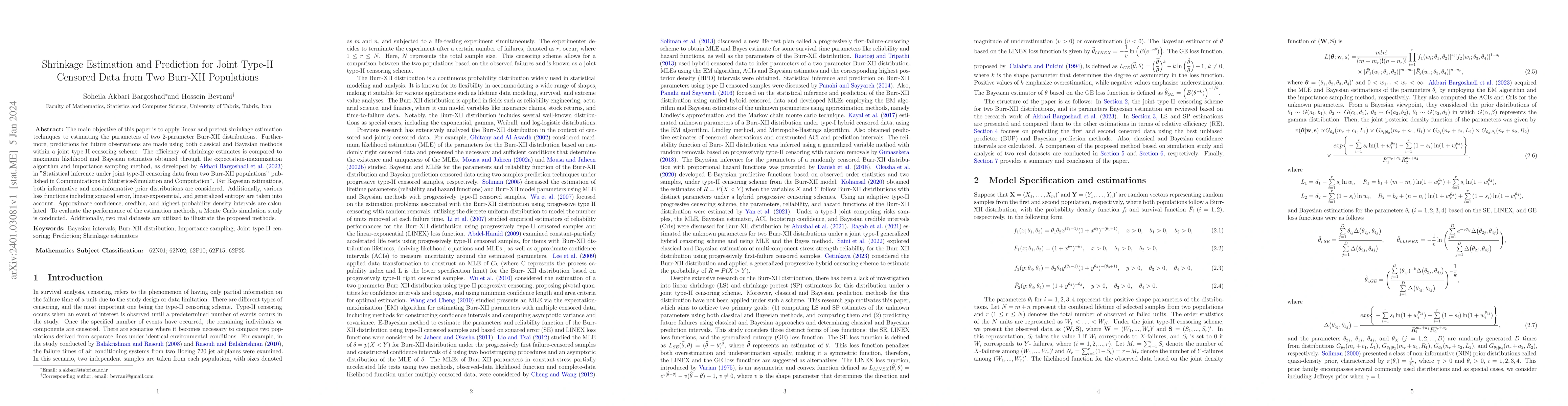 Thumbnail for Shrinkage Estimation and Prediction for Joint Type-II Censored Data from
  Two Burr-XII Populations