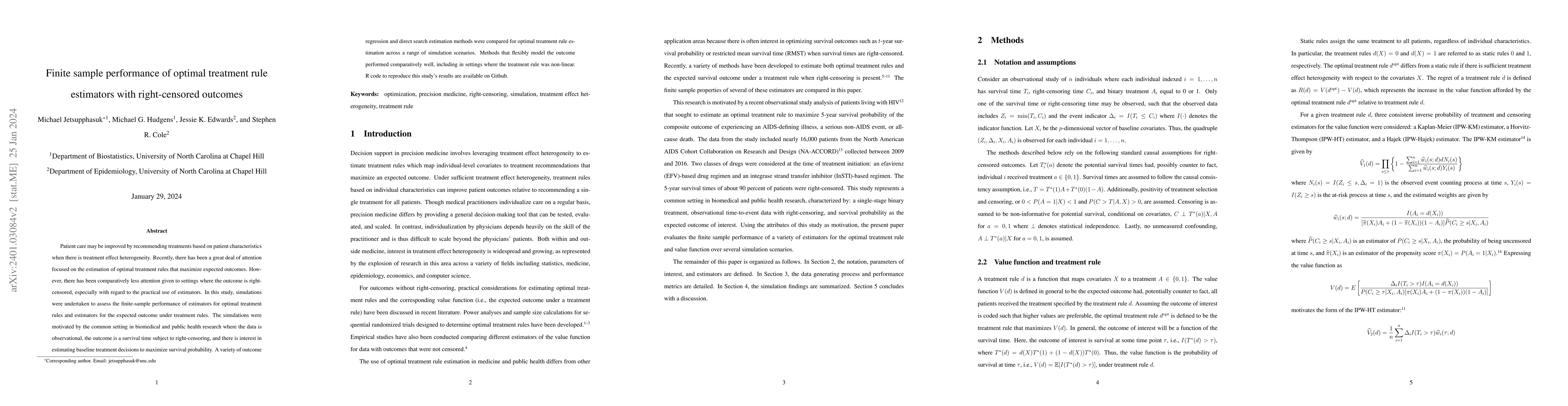 Thumbnail for Finite sample performance of optimal treatment rule estimators with
  right-censored outcomes