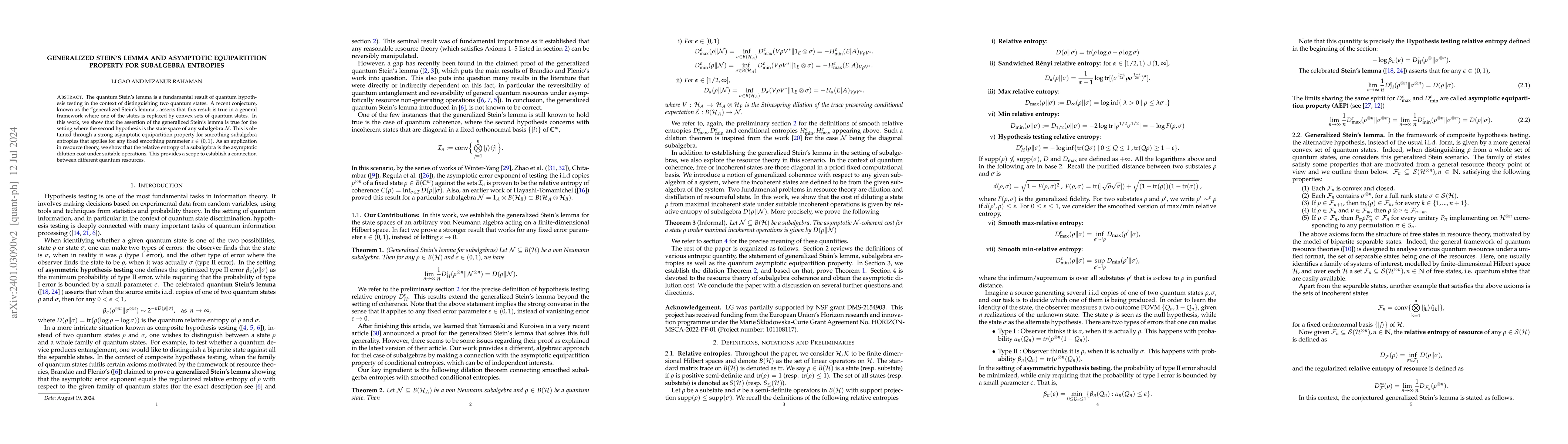 Thumbnail for Generalized Stein's lemma and asymptotic equipartition property for
  subalgebra entropies