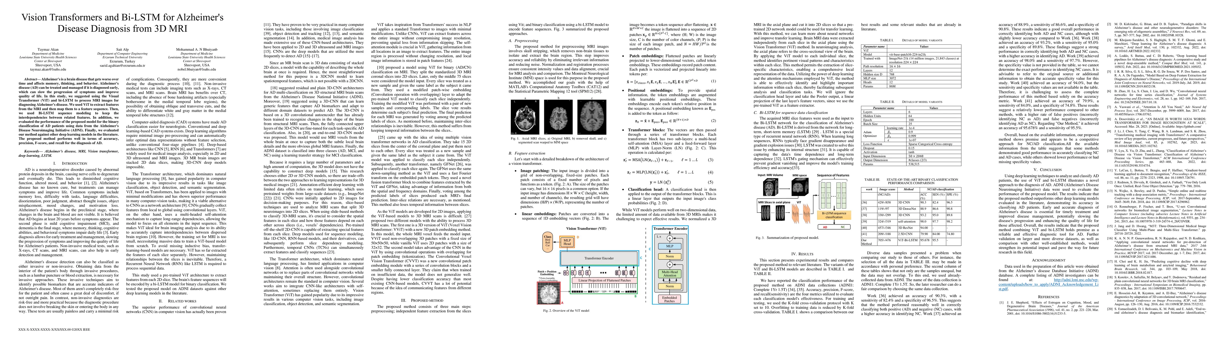 Thumbnail for Vision Transformers and Bi-LSTM for Alzheimer's Disease Diagnosis from
  3D MRI