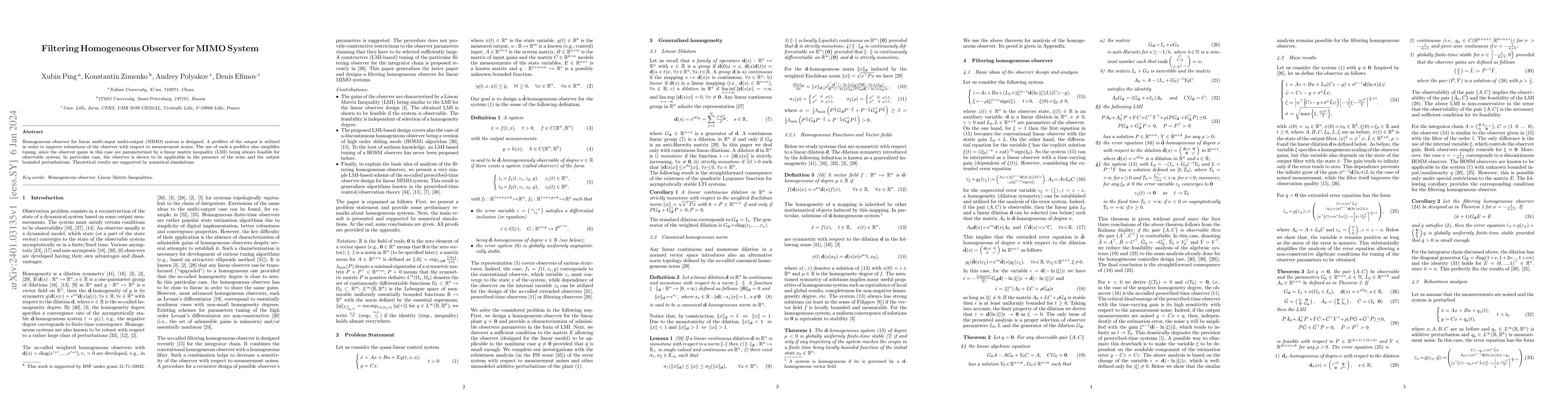 Thumbnail for Filtering Homogeneous Observer for MIMO System