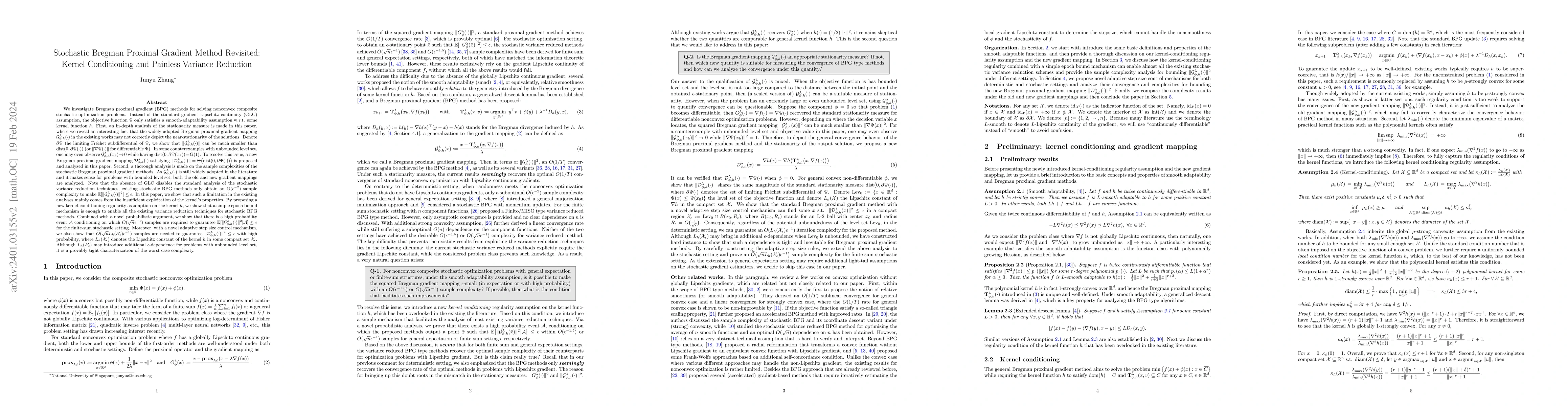 Thumbnail for Stochastic Bregman Proximal Gradient Method Revisited: Kernel
  Conditioning and Painless Variance Reduction