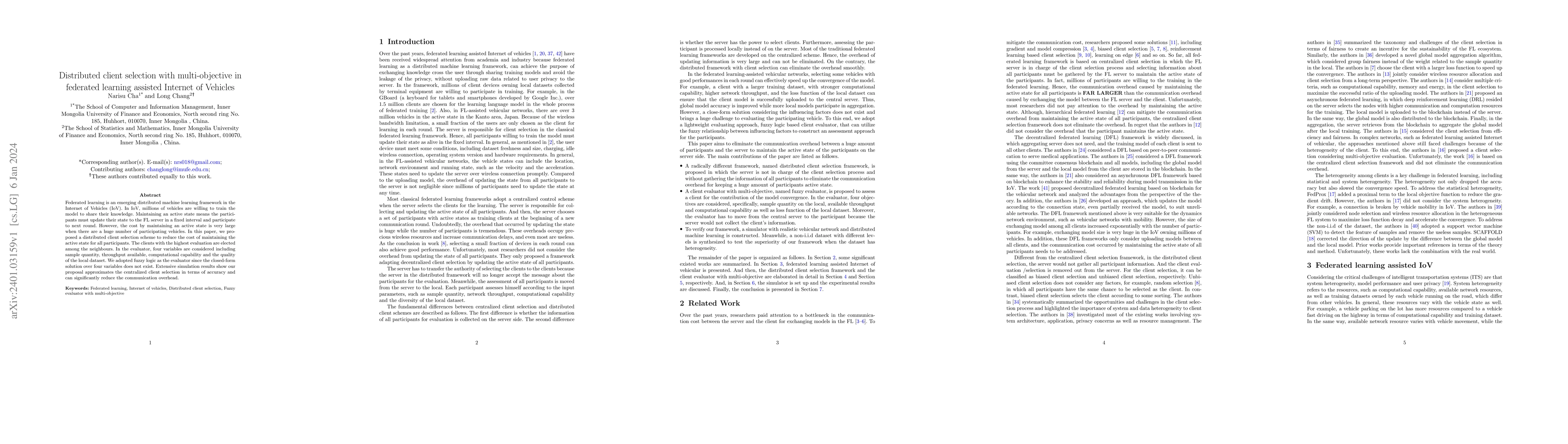 Thumbnail for Distributed client selection with multi-objective in federated learning
  assisted Internet of Vehicles