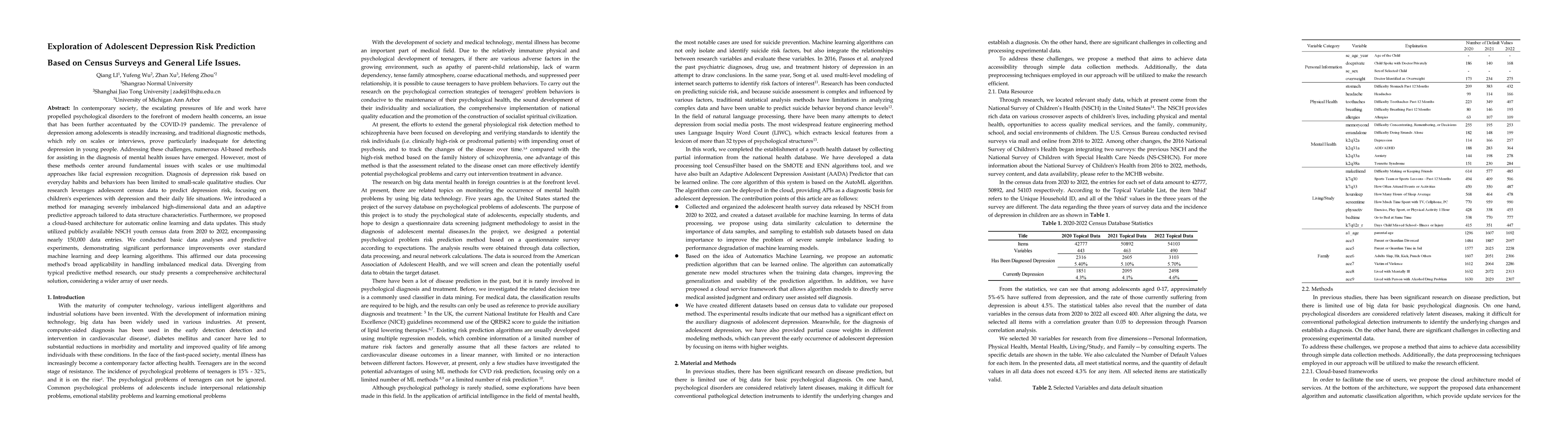 Thumbnail for Exploration of Adolescent Depression Risk Prediction Based on Census
  Surveys and General Life Issues