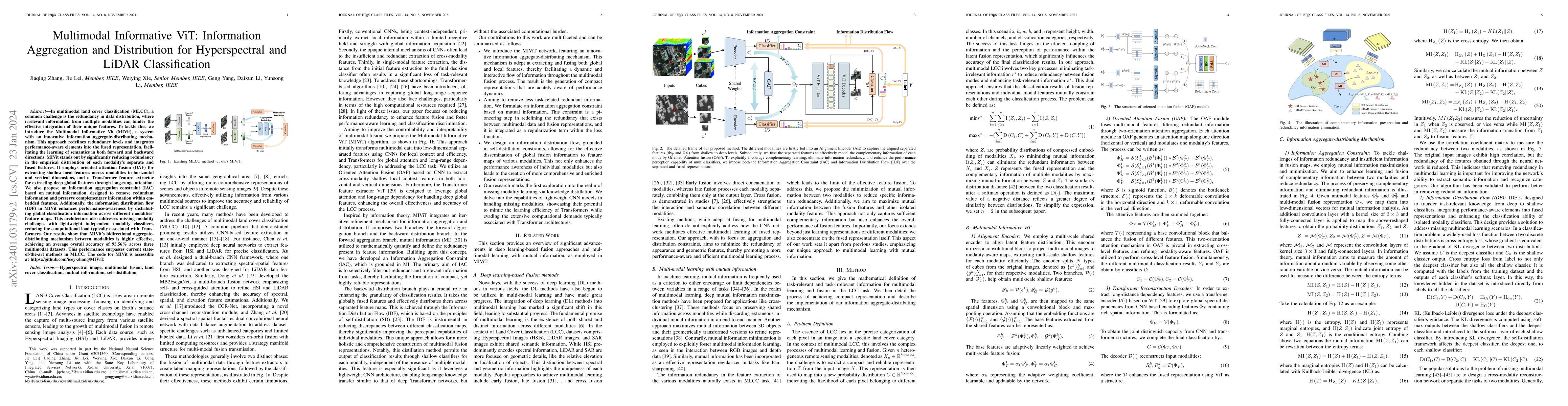 Thumbnail for Multimodal Informative ViT: Information Aggregation and Distribution for
  Hyperspectral and LiDAR Classification